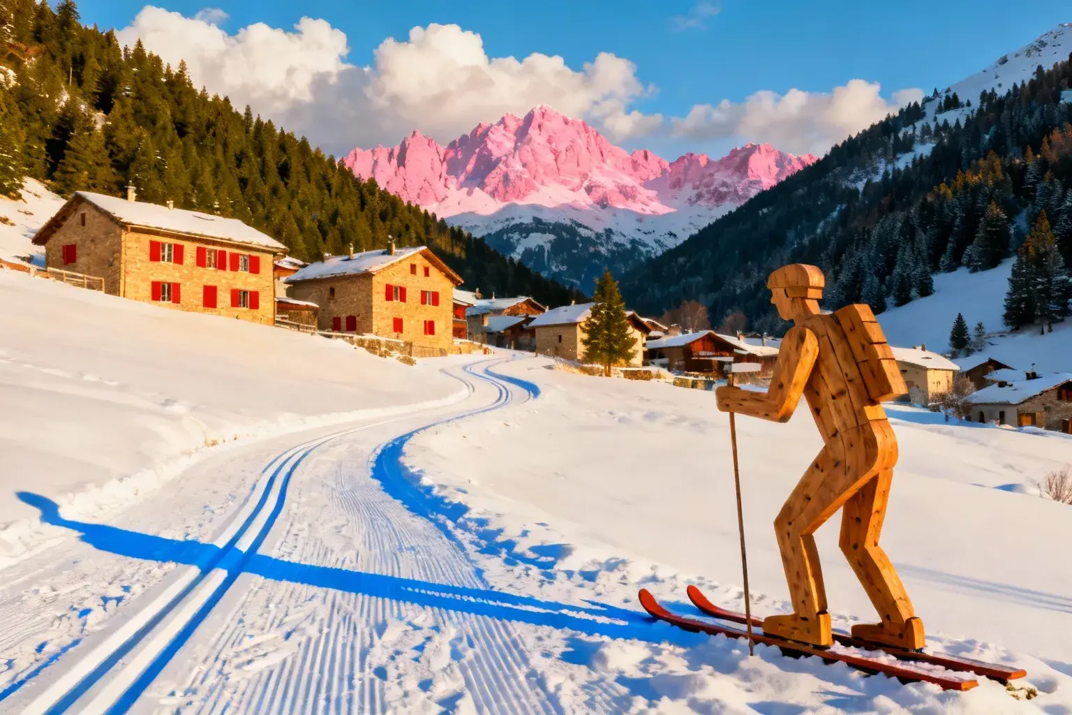 Village traditionnel de Bessans enneigé avec pistes de ski nordique, montagnes en arrière-plan et lumière dorée du matin