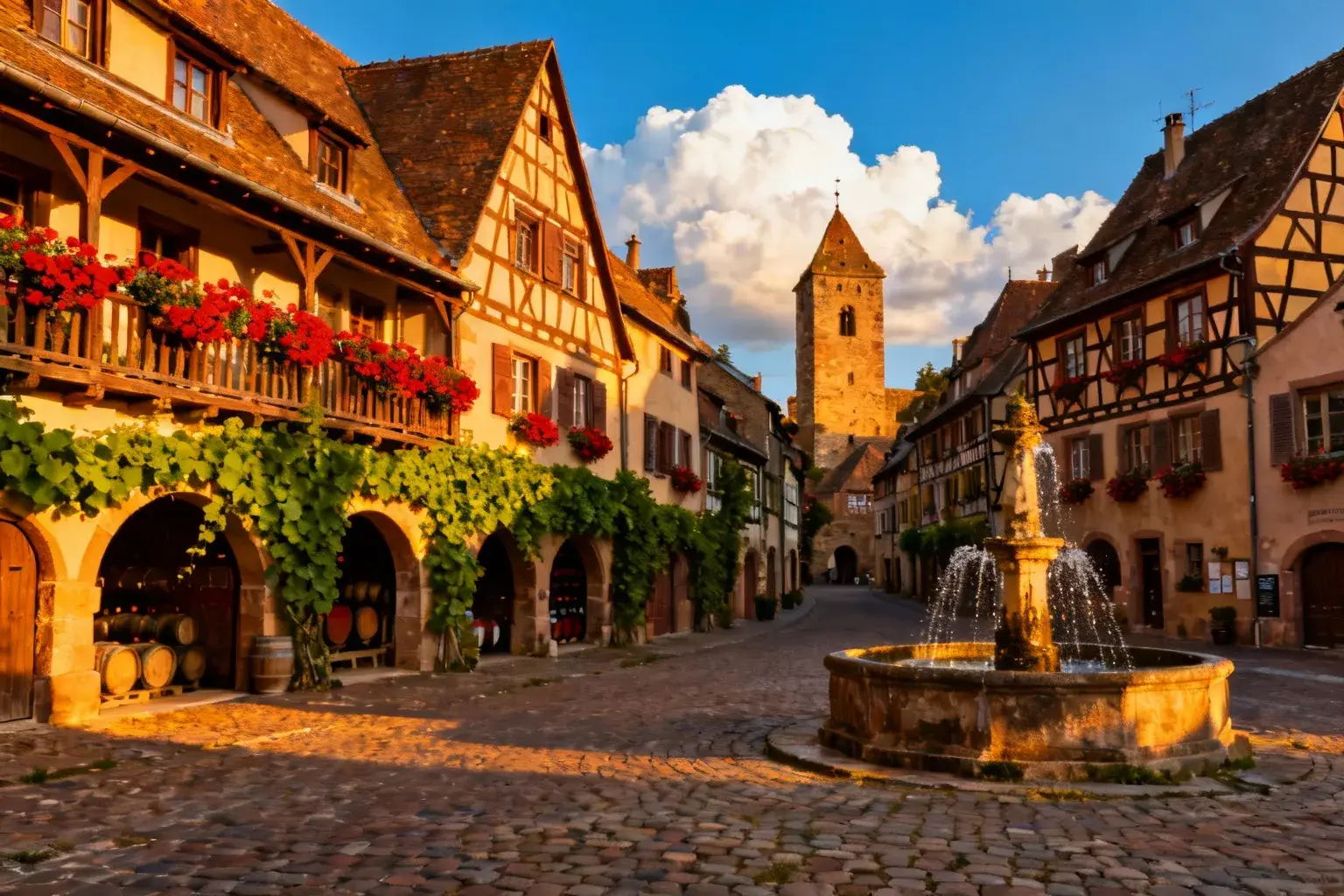 Rue pavée d'un village alsacien traditionnel avec maisons à colombages, balcons fleuris et ciel bleu