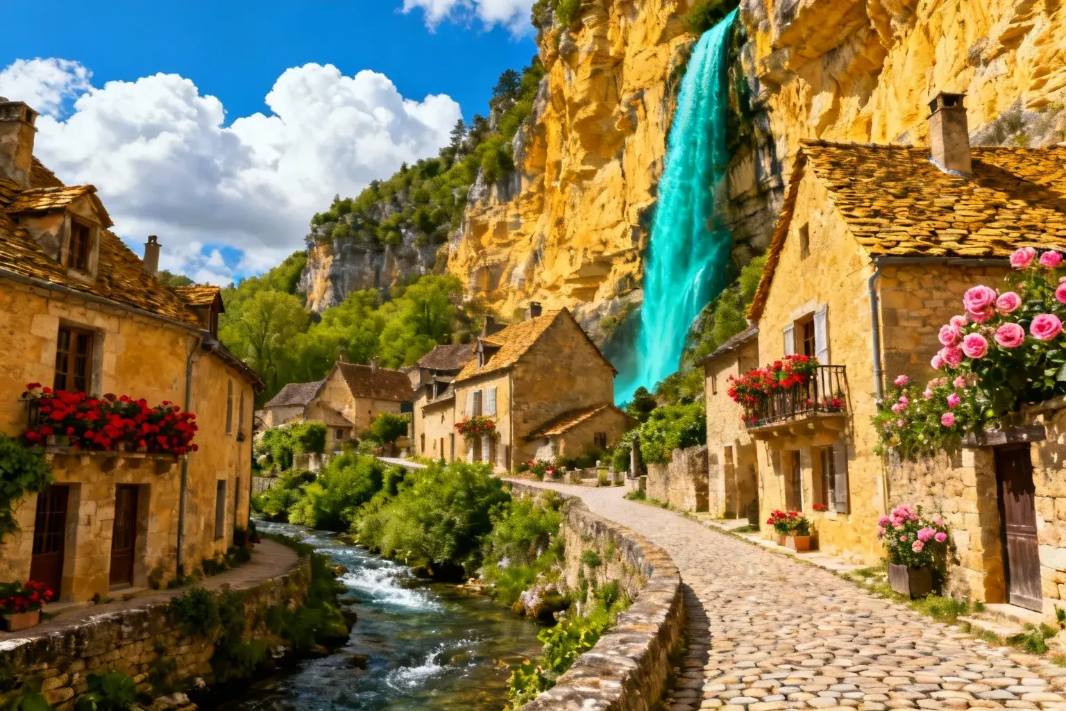 Village médiéval d'Autoire avec maisons en pierre sous des falaises calcaires, cascade turquoise et rues pavées