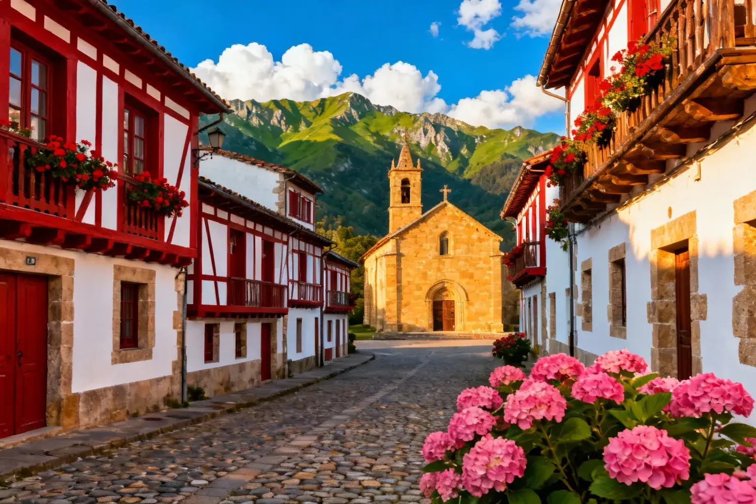Maisons traditionnelles basques à colombages rouges et blancs dans le village d'Ainhoa avec montagnes en arrière-plan