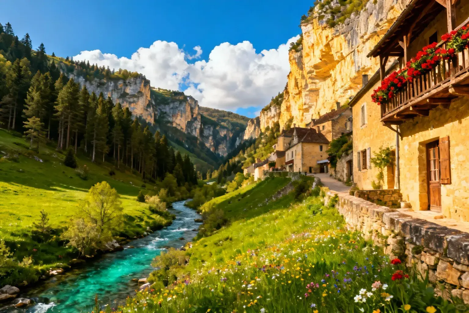 Village ancien de Bouilland en Bourgogne avec maisons en pierre, balcons fleuris et vallée alpine couverte de fleurs sauvages