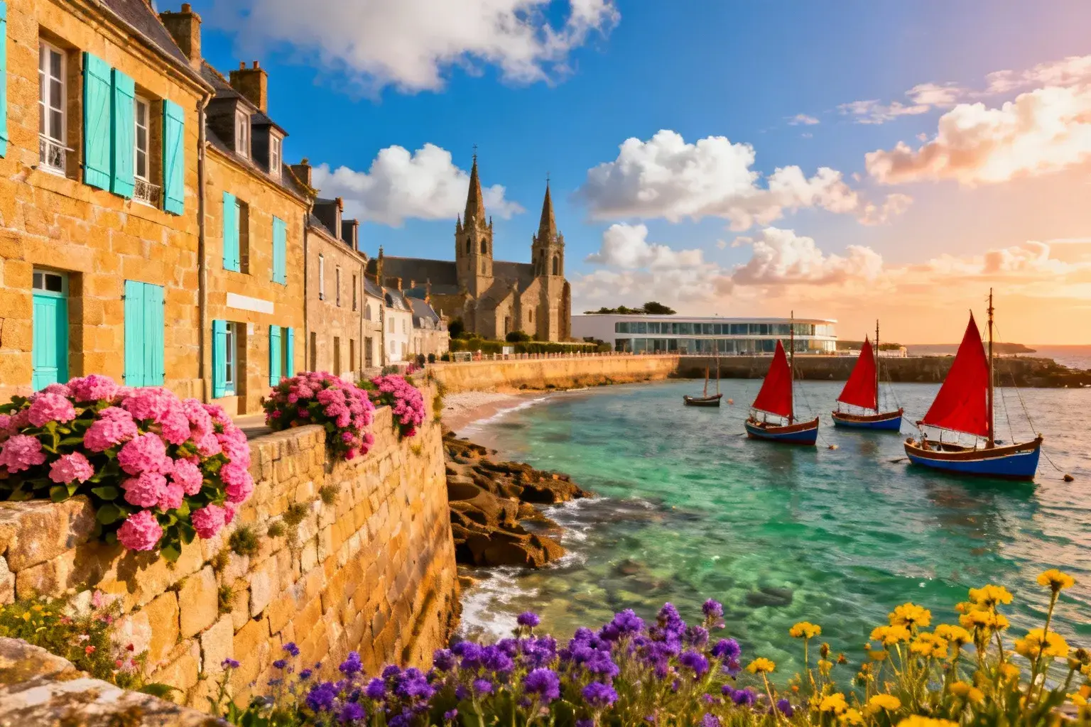 Village breton de Roscoff avec maisons en pierre, hydrangéas roses, bateaux traditionnels et mer émeraude sous ciel bleu