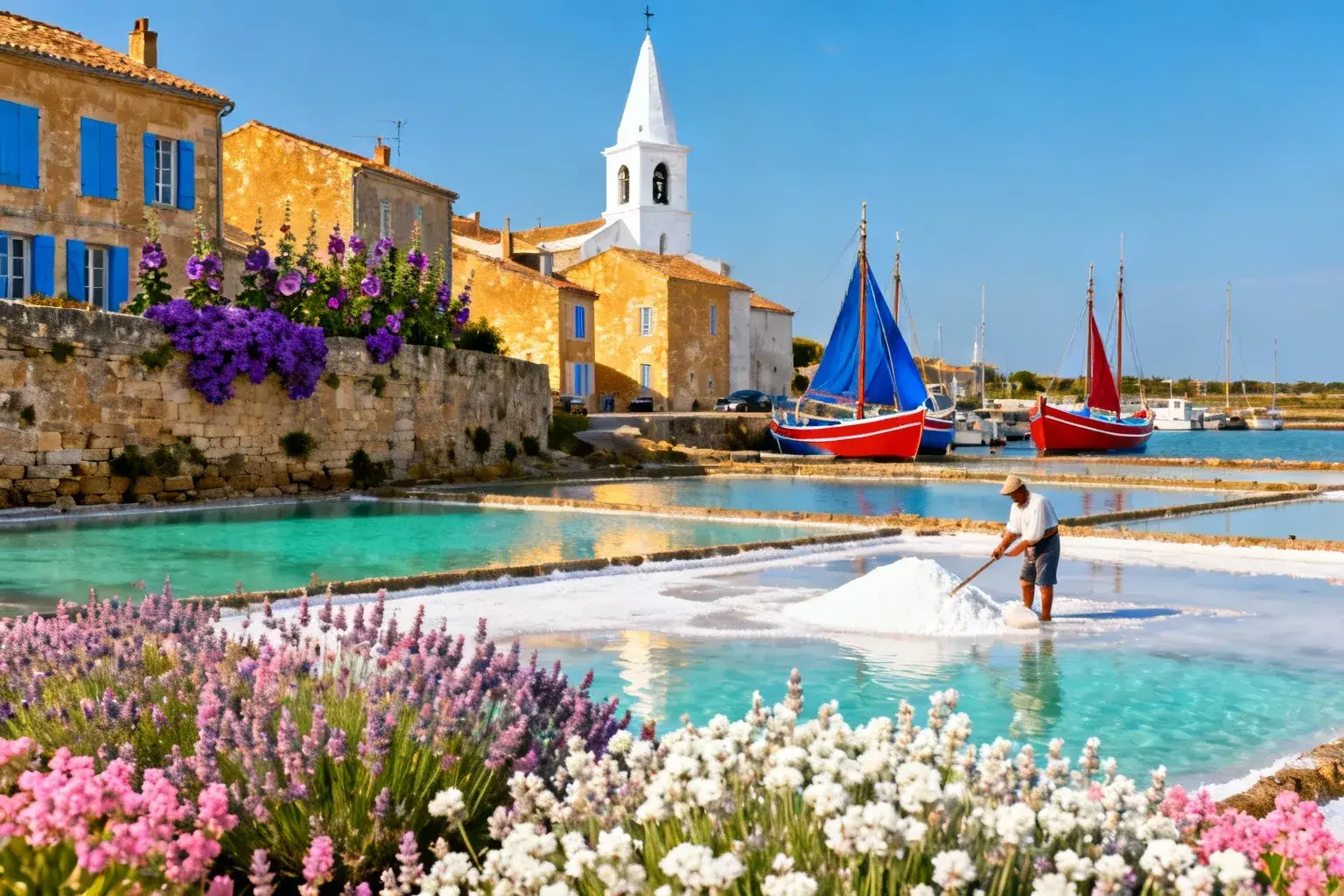Village traditionnel français avec église blanche, marais salants, bateaux de pêche aux voiles colorées et maisons en pierre aux volets bleus
