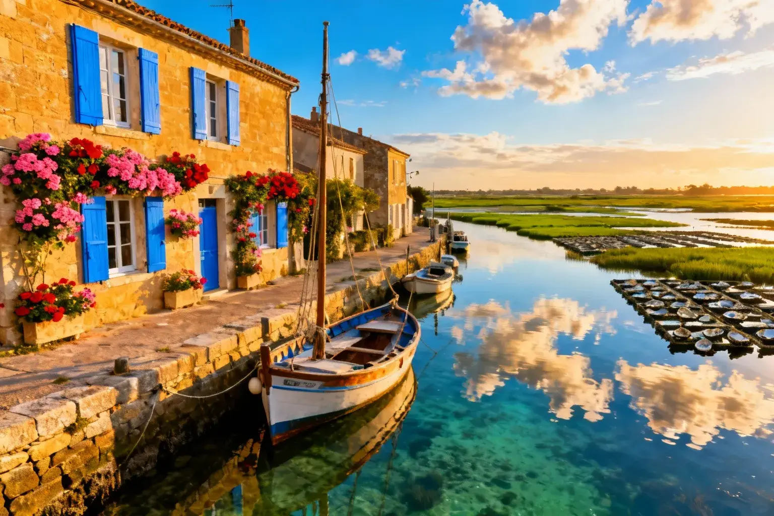 Village côtier français avec port en pierre ancienne, marais salants vert émeraude et maisons en pierre aux volets bleus