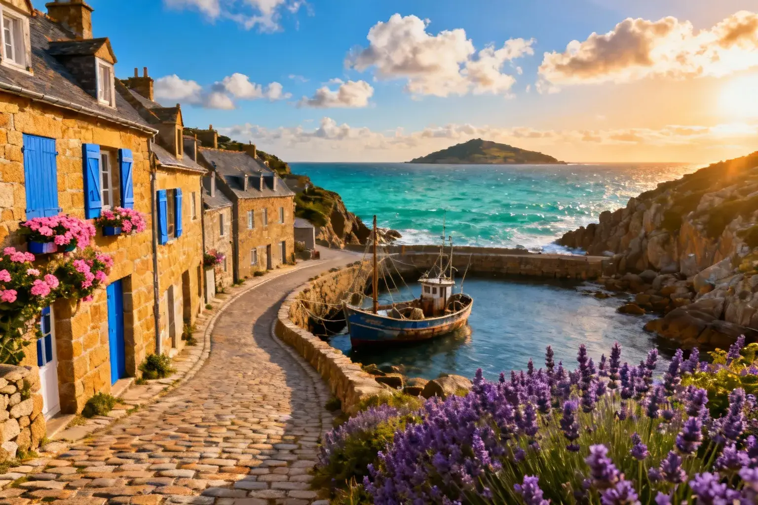 Village côtier breton avec maisons en granit, bateaux de pêche et mer turquoise sous un ciel bleu