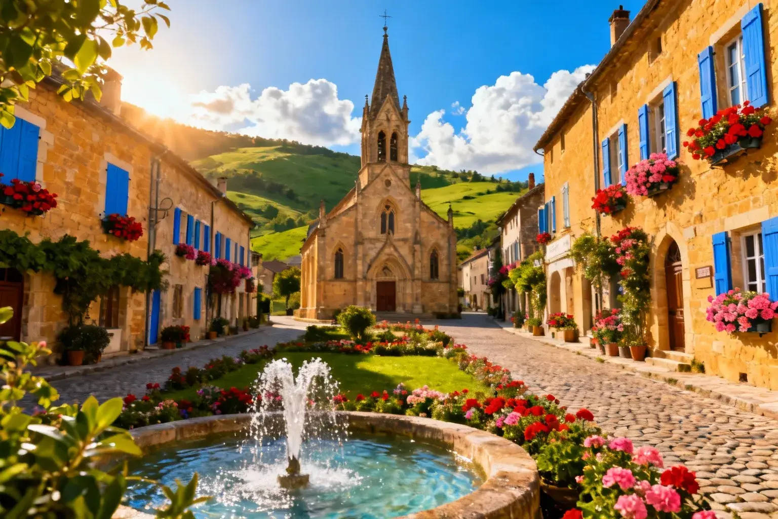Village français typique avec maisons en pierre miel, volets bleus et géraniums rouges en bord de fenêtre