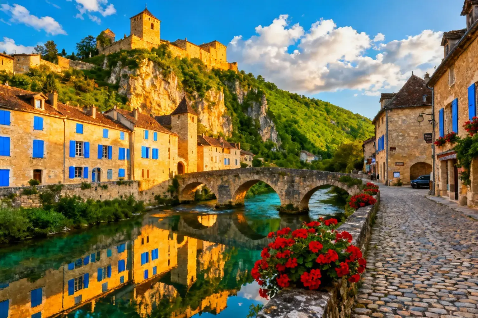 Vue panoramique du village d'Ornans avec ses maisons en pierre, la rivière Loue et les falaises verdoyantes