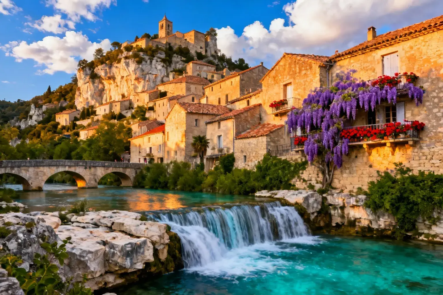 Village médieval de La Roque sur Ceze avec maisons en pierre et cascades turquoise, sous un ciel bleu