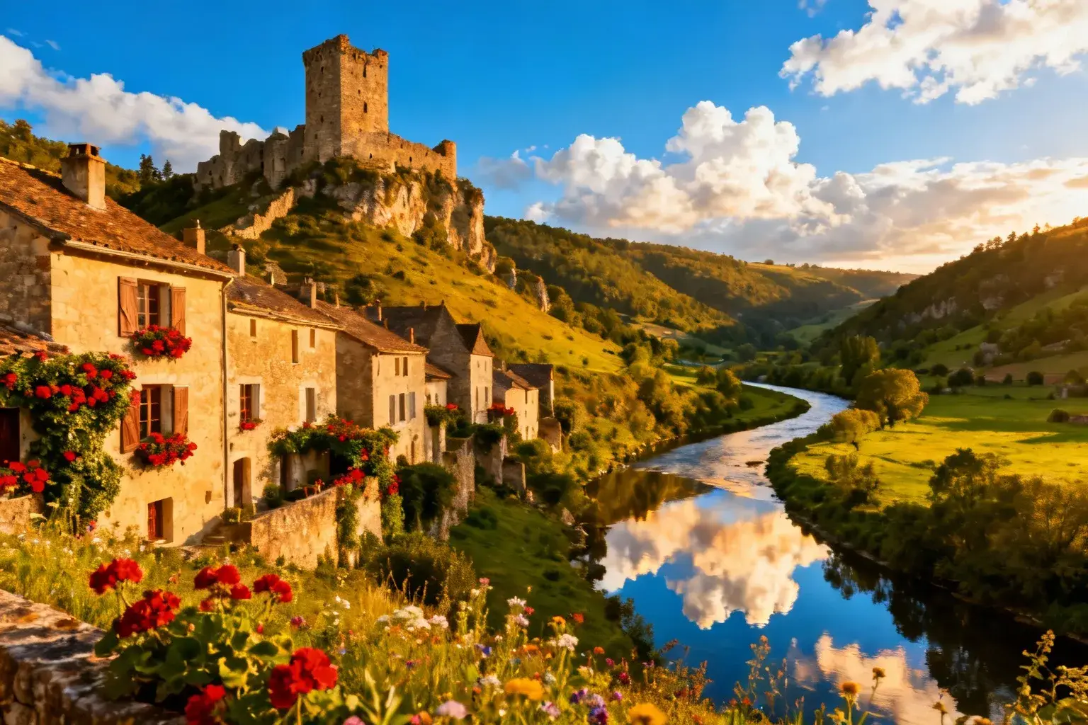 Ruines du château médiéval de Herisson baignées de lumière dorée, dominant la vallée verte de l'Aumance et son cours d'eau