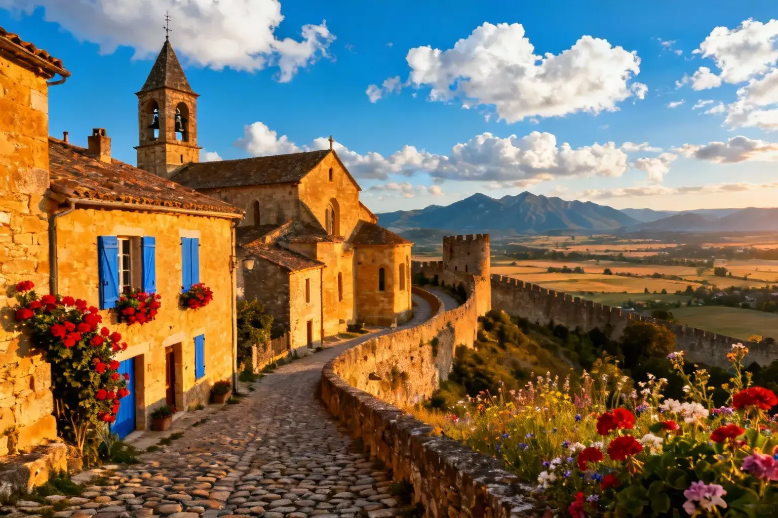 Village médiéval de Charroux avec maisons en pierre dorée, fleurs rouges aux fenêtres et vue sur les montagnes d'Auvergne