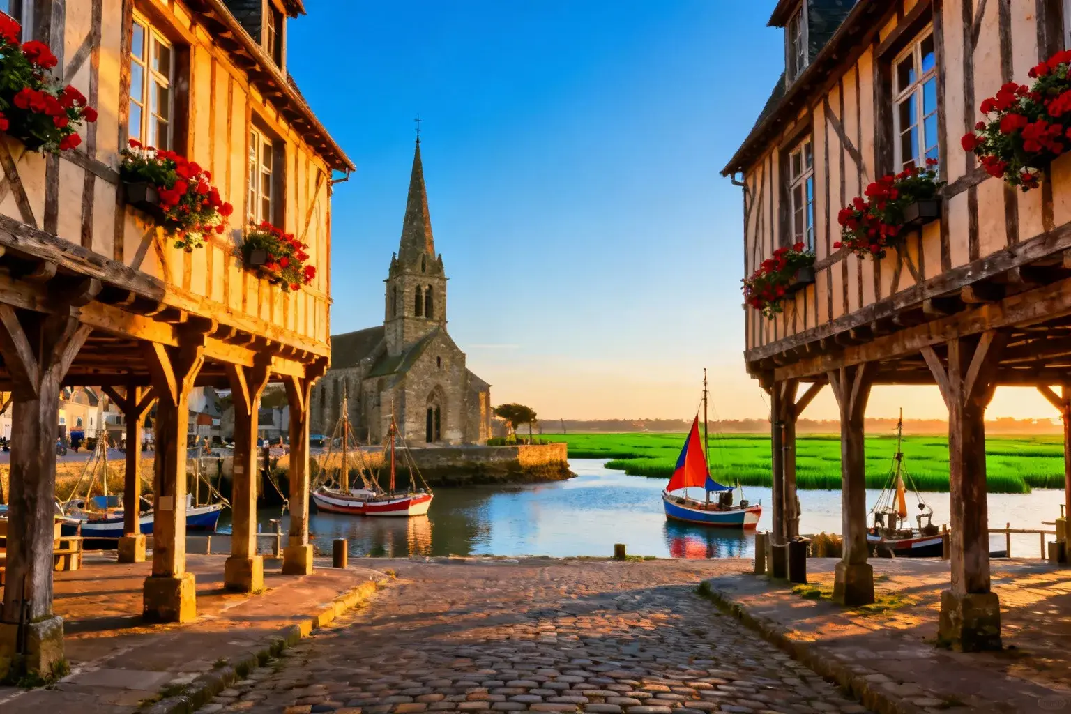 Port médiéval de Dives-sur-Mer avec maisons à colombages, geraniums rouges et bateaux à voiles colorés sous un ciel bleu