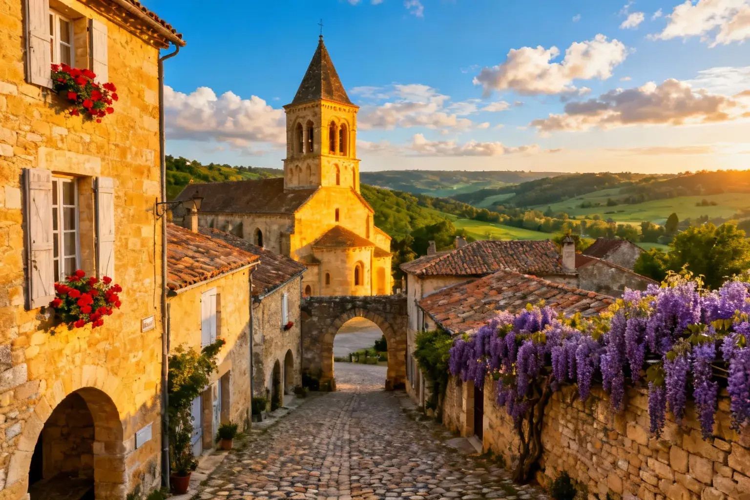 Village médiéval français avec maisons en pierre dorée, fleurs rouges aux fenêtres et abbaye romane sous un ciel bleu