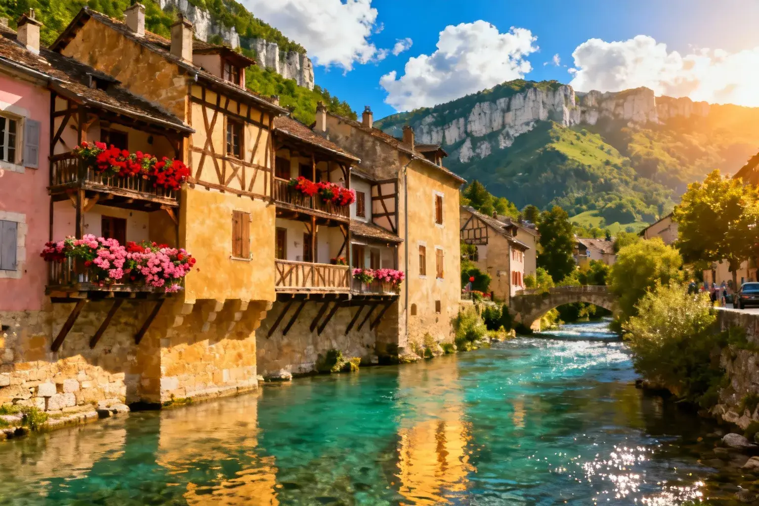 Village médiéval de Pont-en-Royans avec maisons suspendues au-dessus des eaux turquoise de la rivière Bourne