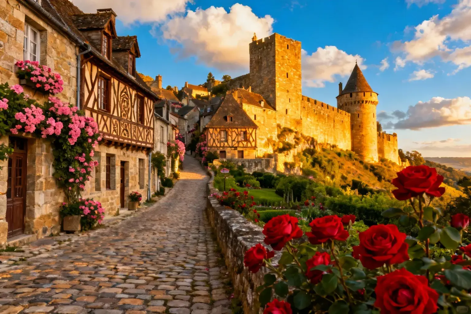 Village médiéval de Moncontour avec ses murs en granit dorés, ruelles pavées et maisons à colombages sous un ciel bleu