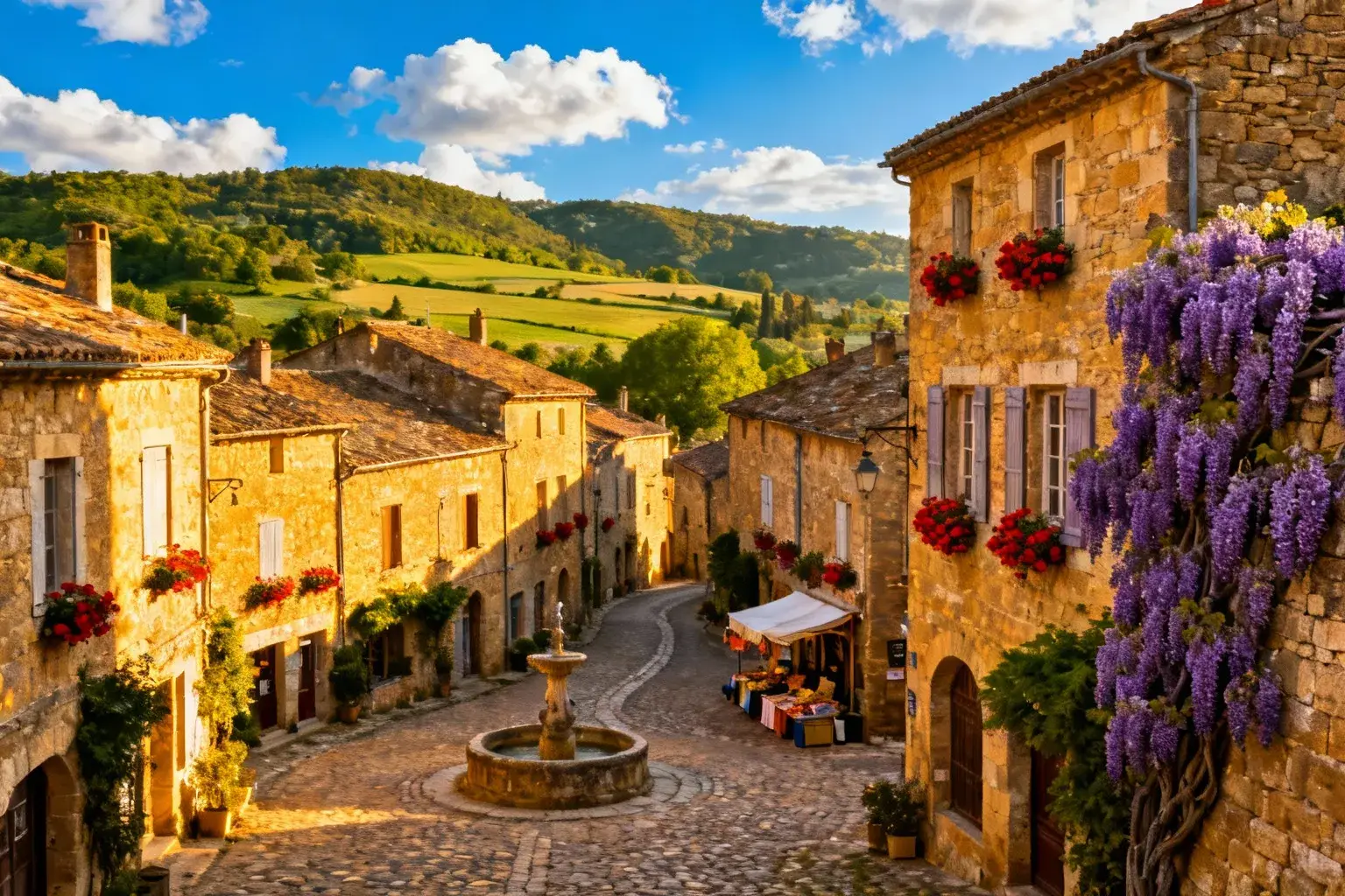 Village médiéval français avec maisons en pierre dorée, géraniums rouges aux fenêtres et rues pavées sous ciel bleu