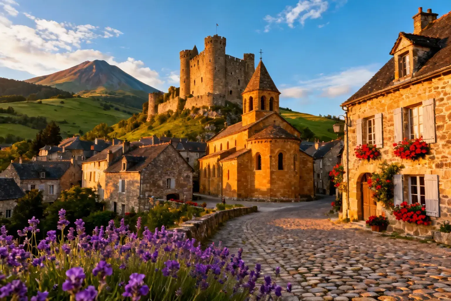 Vue aérienne de Tournemire avec son château d'Anjony, église romane et rues pavées sous un ciel bleu