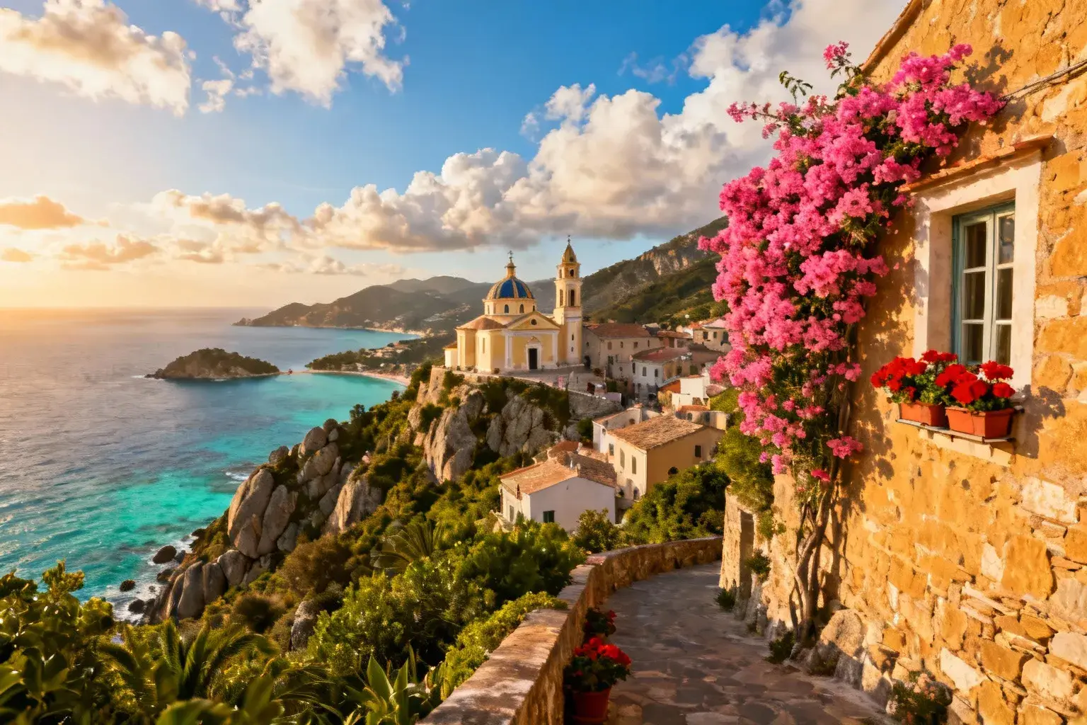 Village méditerranéen de Cargèse avec ses deux églises historiques dominant les falaises et la mer turquoise