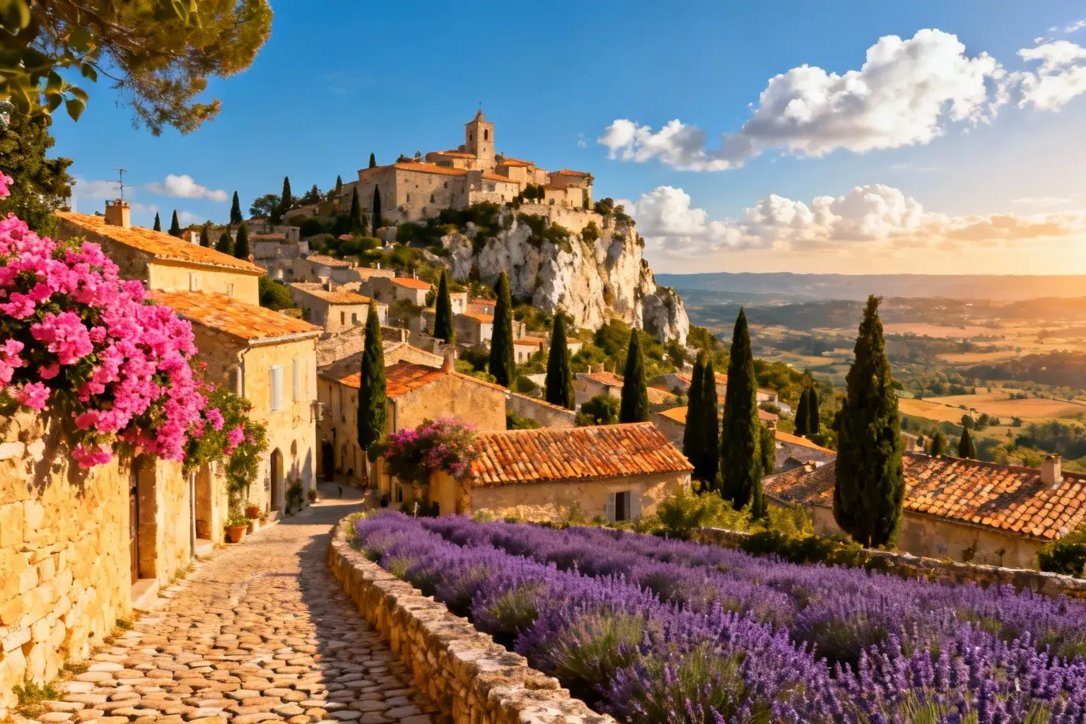 Village de Menerbes perché sur une colline avec des murs en pierre dorée, rues pavées, bougainvilliers et champs de lavande sous un ciel bleu