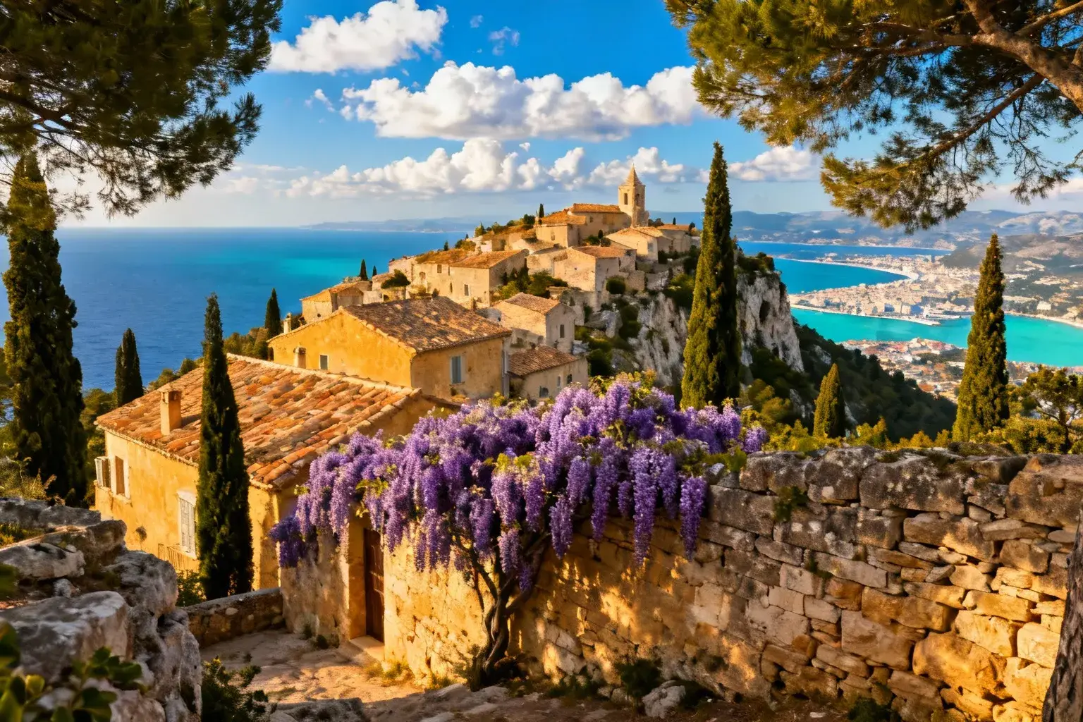 Village pittoresque de Mimet en pierre avec vue panoramique sur la baie de Marseille et la mer Méditerranée sous la lumière dorée du soleil