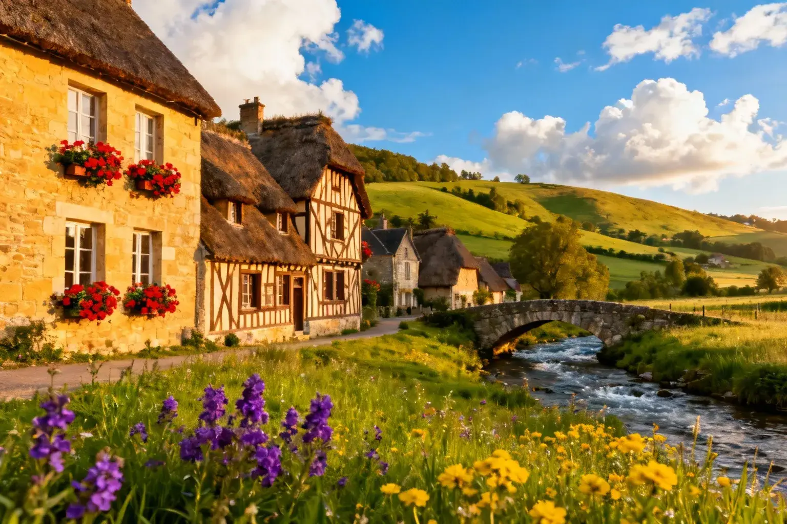 Village normand pittoresque avec maisons en pierre dorée, toits de chaume et collines verdoyantes sous un ciel bleu