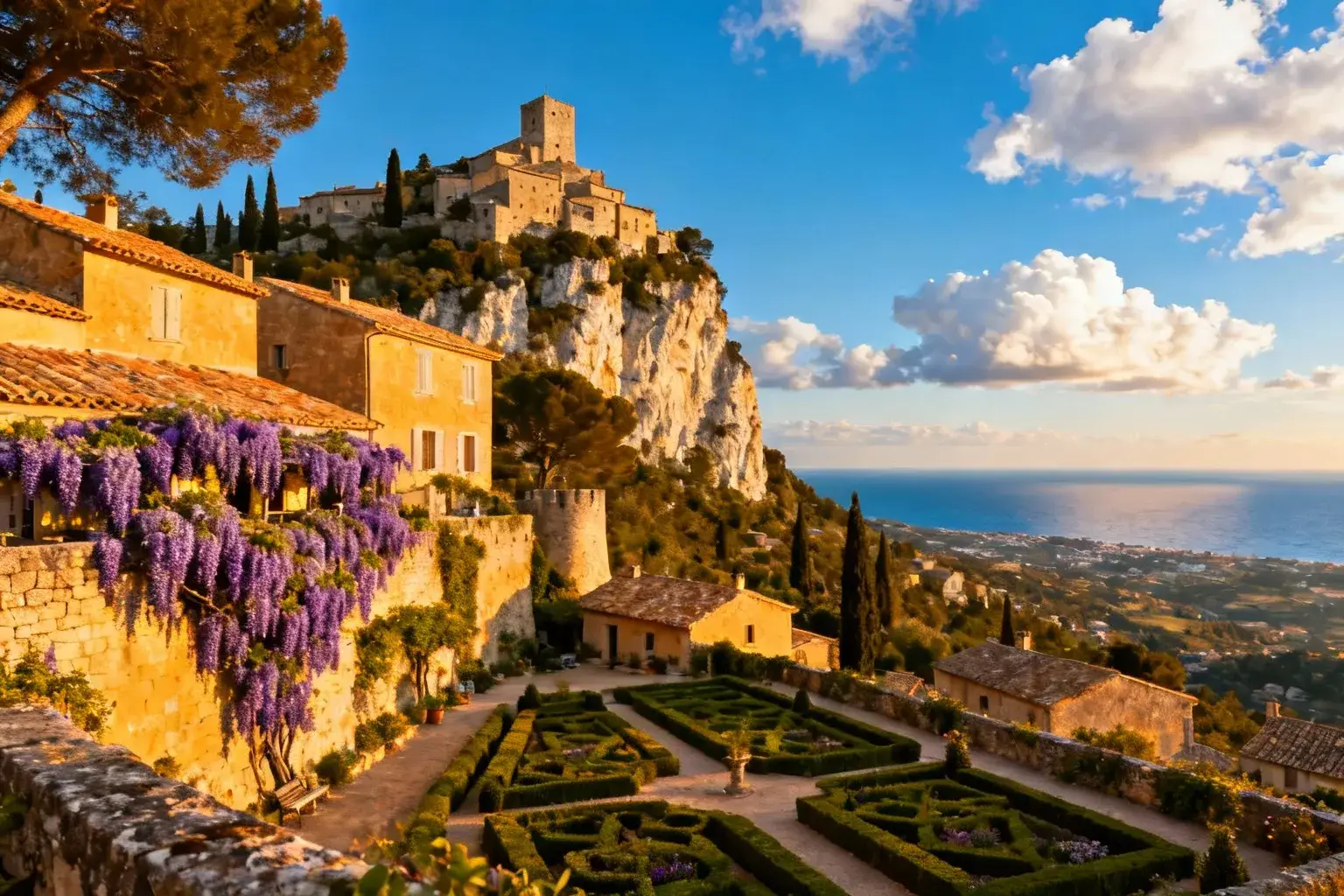 Village médiéval de Gourdon posé sur une falaise avec maisons en pierre, jardins à la française et vue panoramique sur la Méditerranée