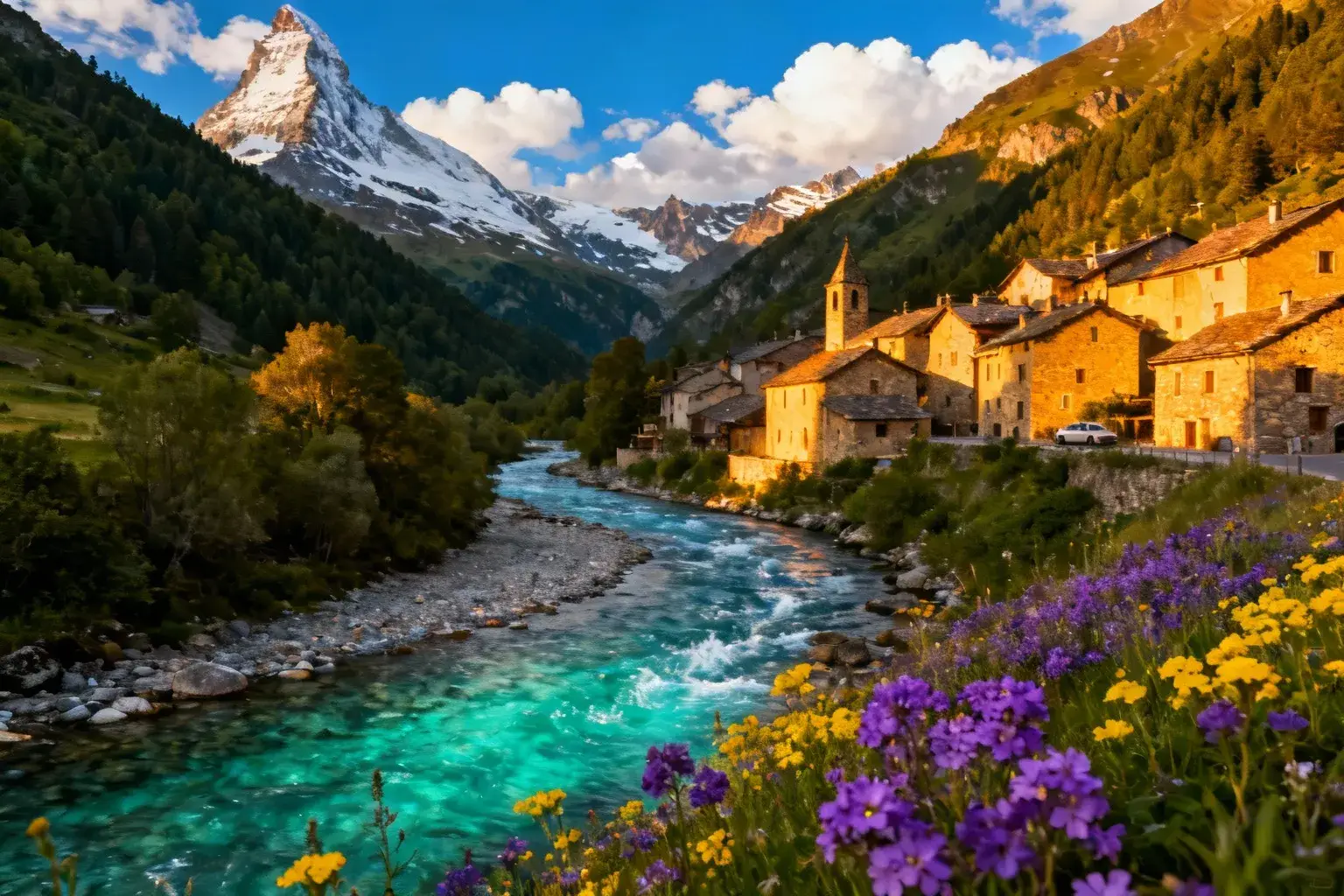Village traditionnel pyrénéen niché au confluent de deux rivières aux eaux turquoise, entouré de forêts et montagnes enneigées