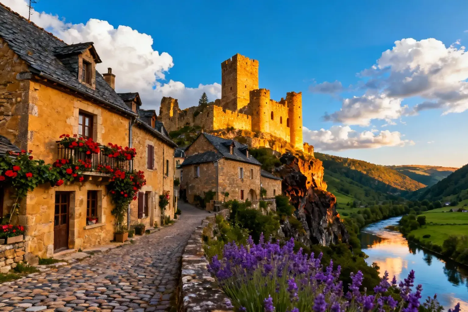 Village médiéval de Saint Floret avec maisons en pierre dorée, toits d'ardoise et géraniums rouges sur fond de château en ruine