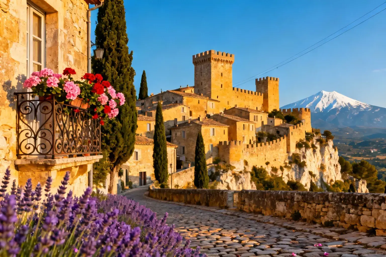 Village médiéval de Venasque perché sur une falaise avec champs de lavande et vue sur Mont Ventoux