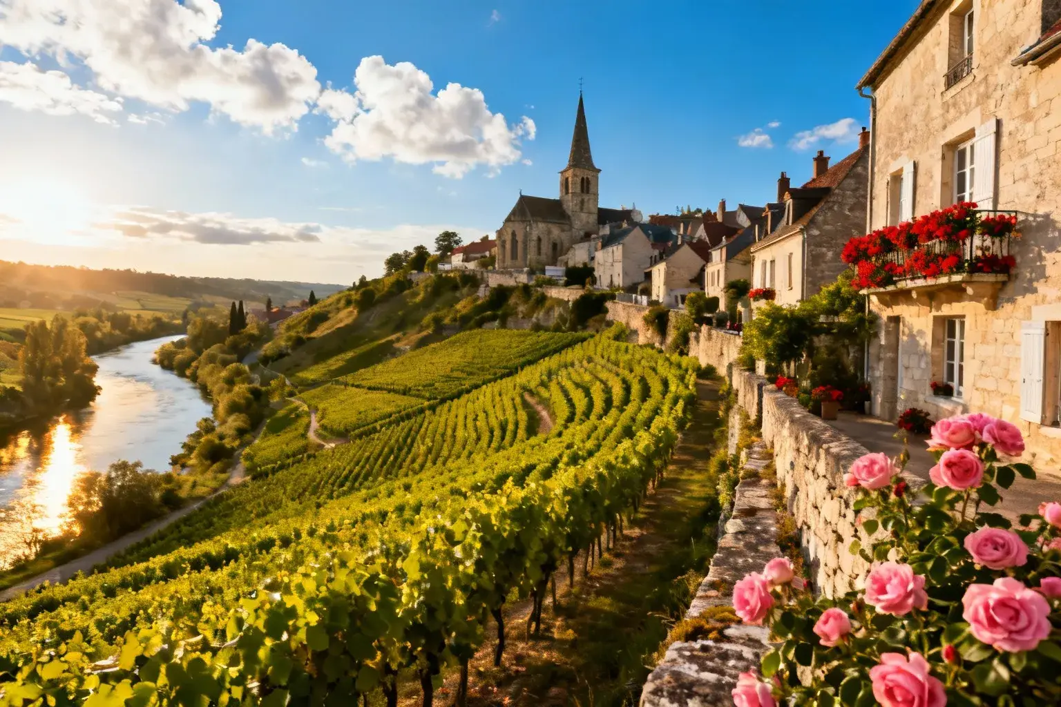 Village de Chablis avec maisons en pierre, balcons fleuris, vignobles et église sous un ciel bleu