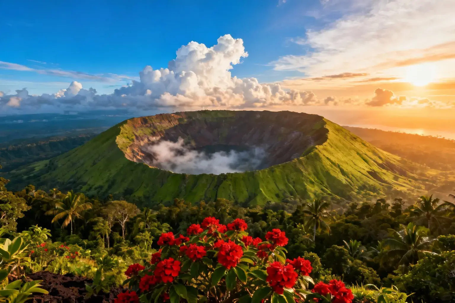 Vue panoramique de la caldeira du volcan Tambora à l'aube, avec ciel bleu et nuages blancs dramatiques