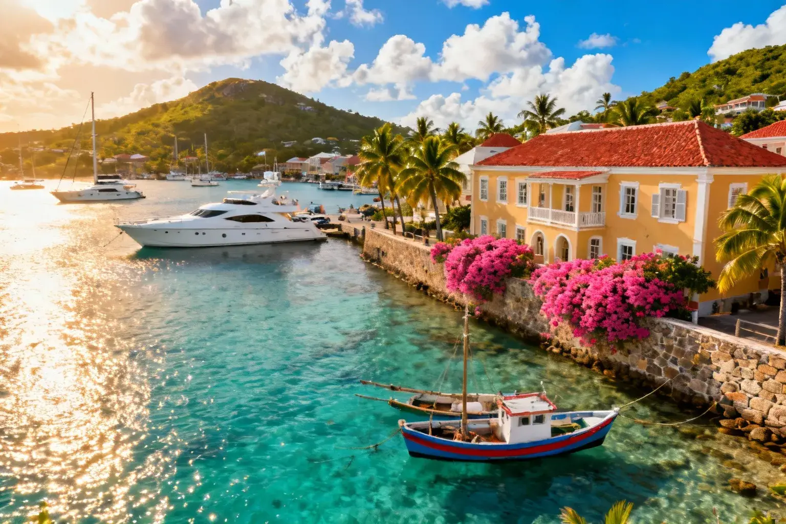 Vue aérienne de la baie de Gustavia avec eau turquoise, yachts blancs et bâtiments coloniaux suédois aux toits rouges