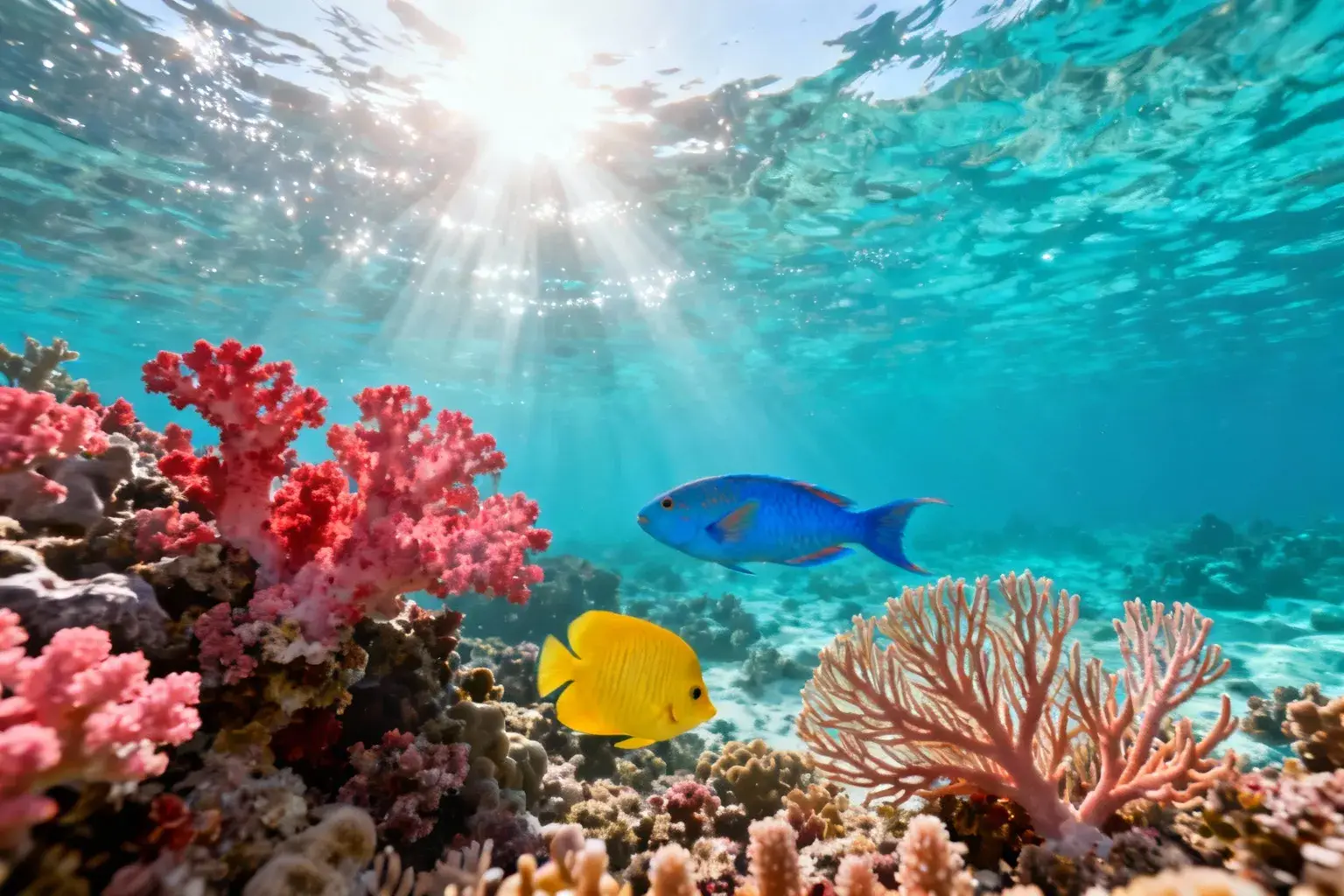 Récif corallien coloré du parc marin de Watamu avec poissons tropicaux et lumière filtrant à travers l'eau