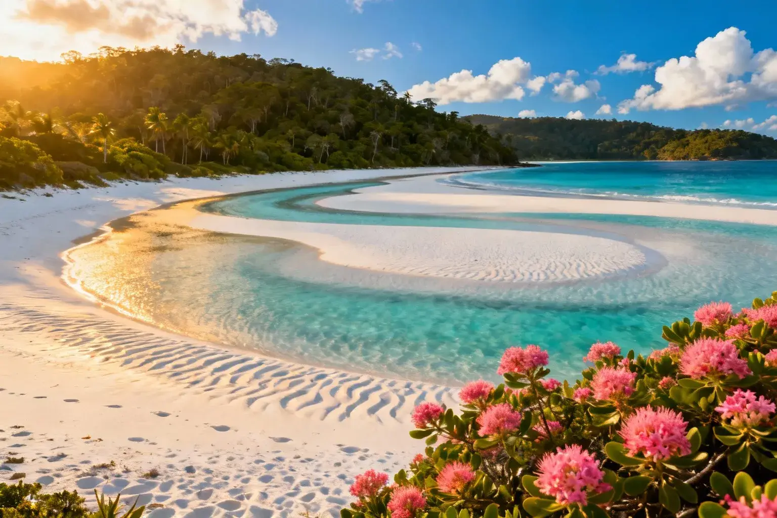 Plage de Whitehaven avec son sable de silice blanc pur et ses eaux turquoises, entourée de forêt tropicale