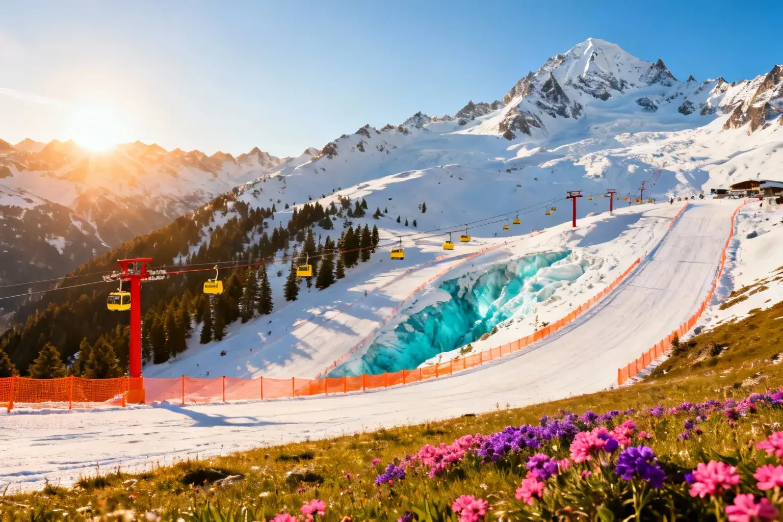 Vue panoramique ensoleillée des pistes de ski de l'Alpe d'Huez avec le glacier Pic Blanc en arrière-plan