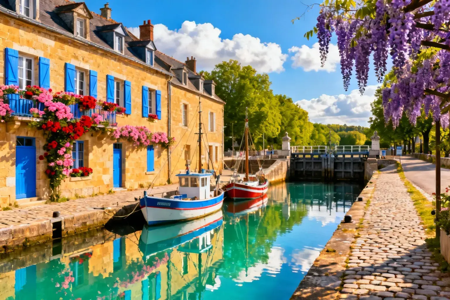 Canal breton à Malestroit avec maisons en pierre dorée, bateaux de pêche colorés et reflets turquoise sous un ciel bleu