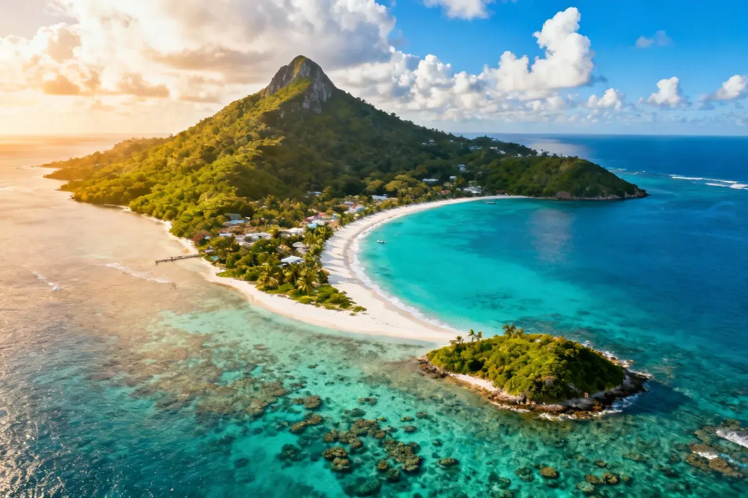 Vue aérienne de l'île de Canouan avec le mont Royal, plages de sable blanc et eau turquoise, forêt tropicale dense