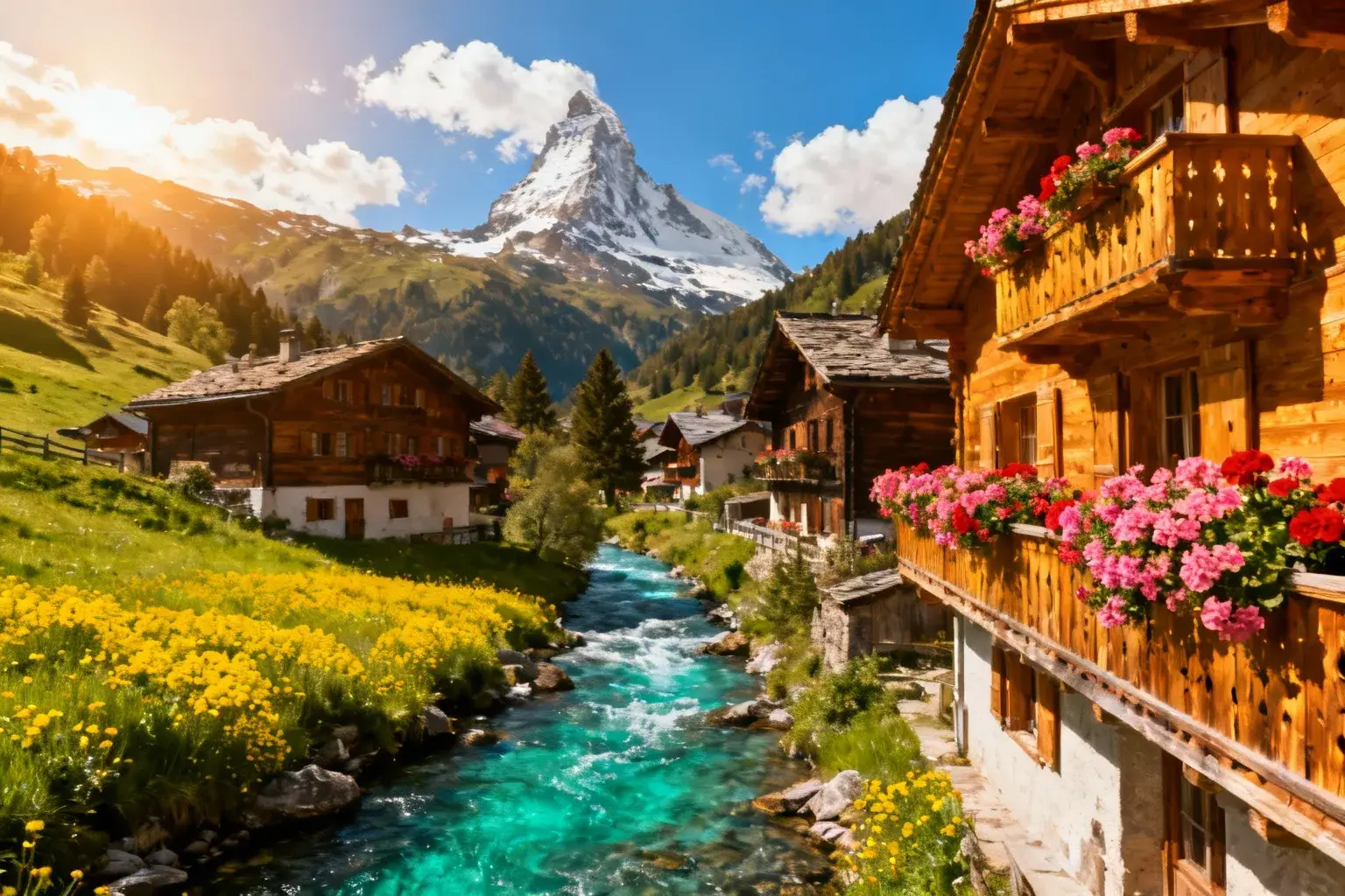 Chalet traditionnel en bois avec géraniums rouges et montagne enneigée en arrière-plan, sous un ciel bleu