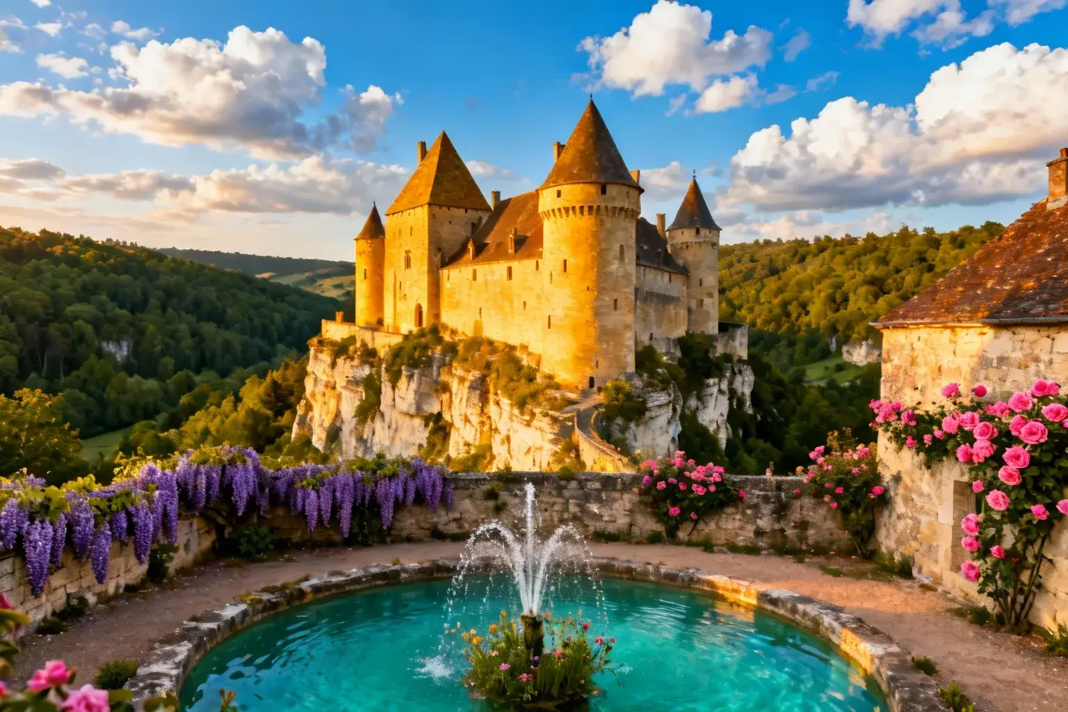 Château médiéval de Druyes avec ses murs en pierre dorée et son enceinte triangulaire unique, entouré de forêts et de fleurs