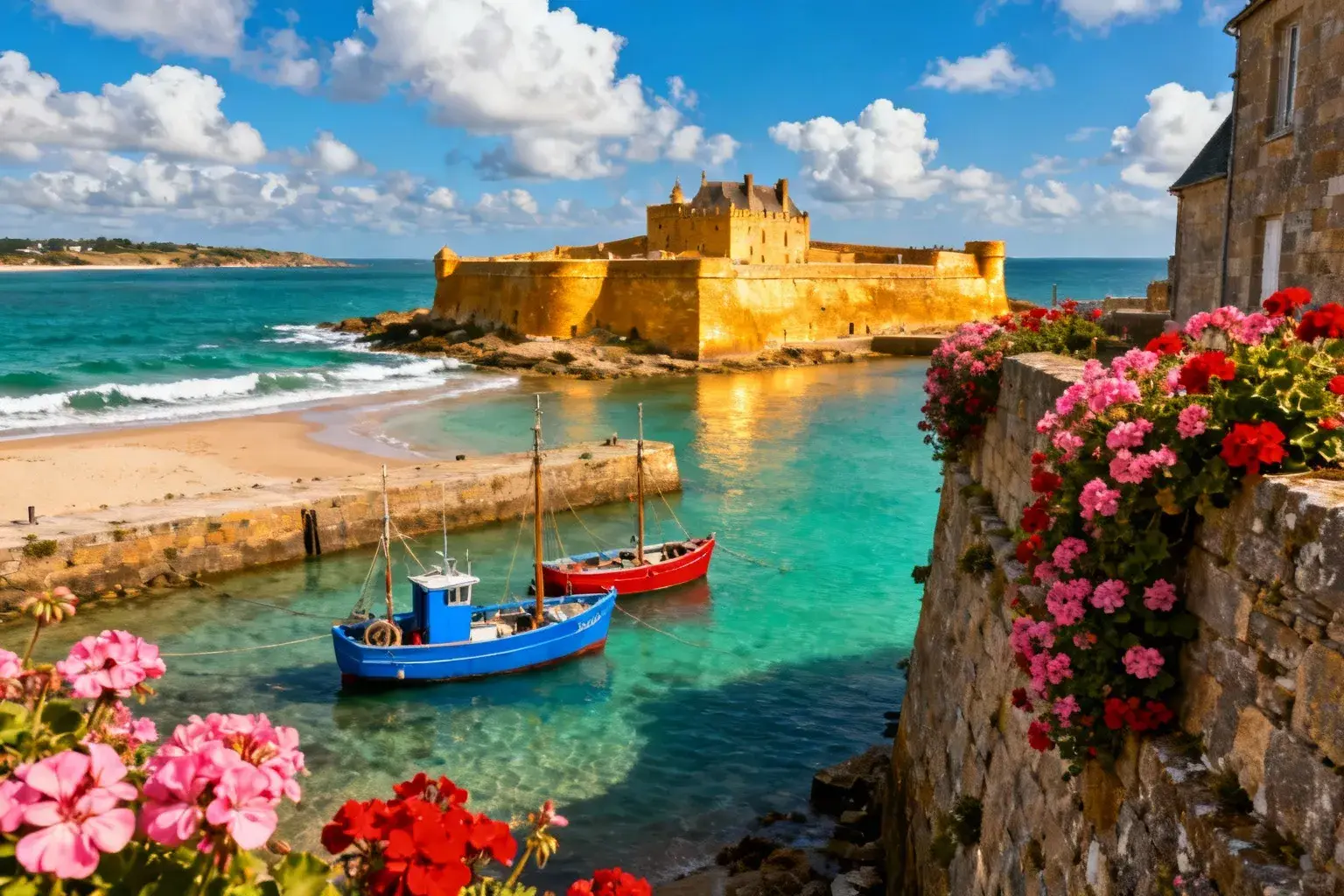 Citadelle historique de Port-Louis avec ses remparts dorés se dressant face à la mer turquoise sous un ciel bleu