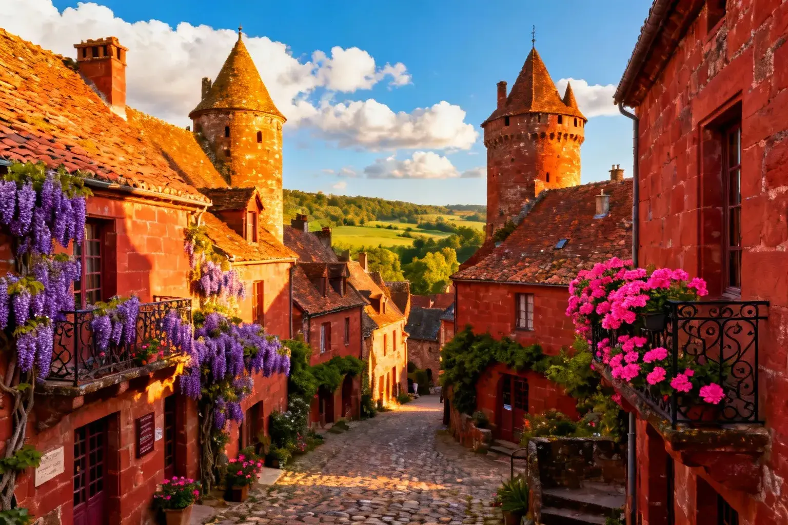 Village médiéval de Collonges-la-Rouge avec ses maisons en grès rouge, fleurs violettes et roses, et rues pavées sous un ciel bleu