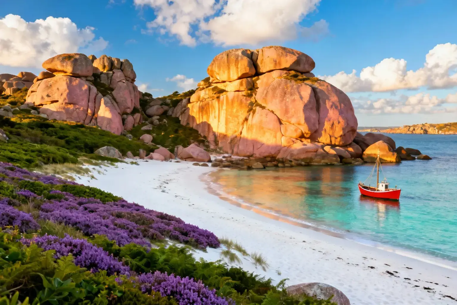 Côte de granit rose à Trégastel avec eau turquoise, rochers roses érodés et sable blanc au coucher de soleil