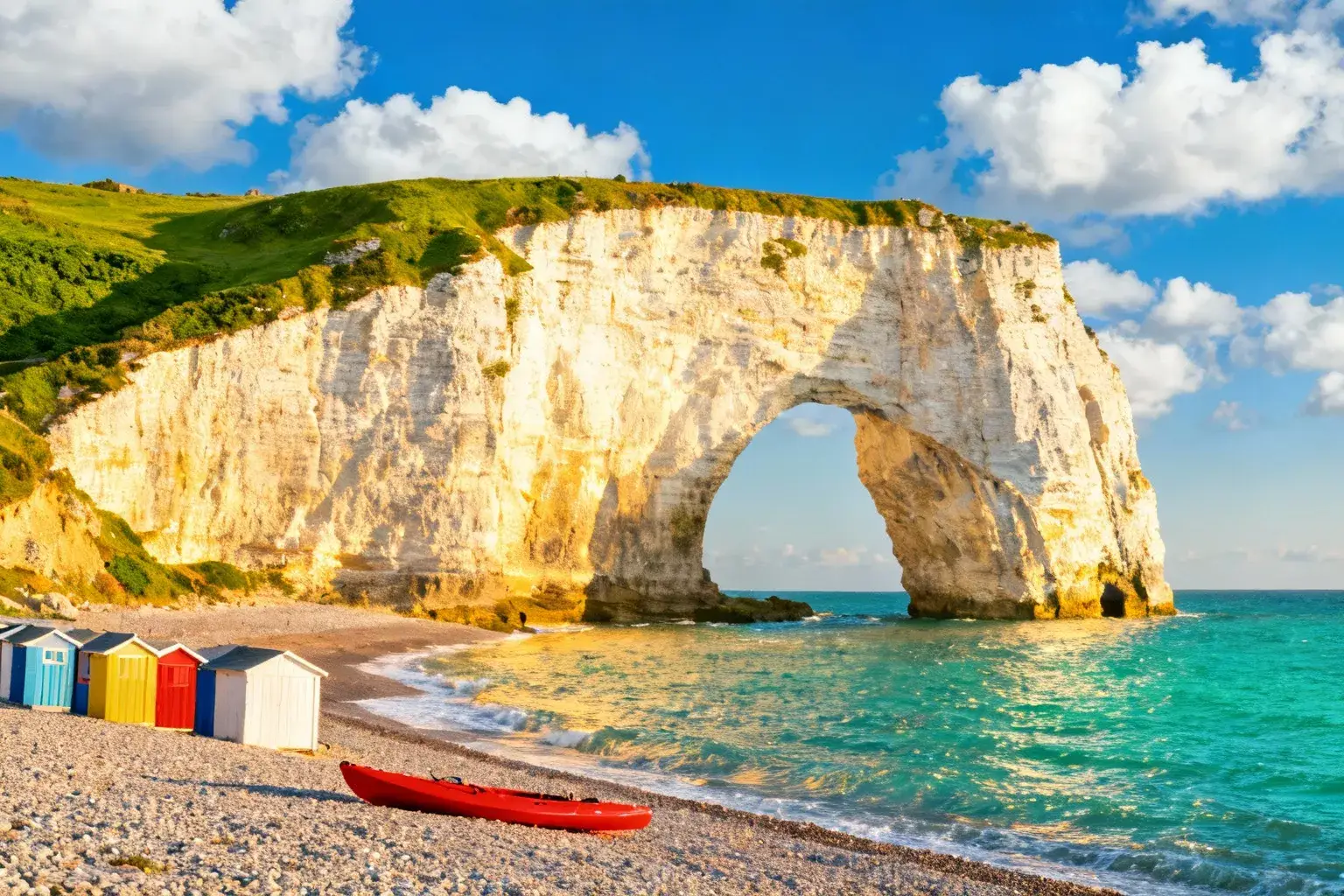 Vue panoramique des célèbres falaises blanches d'Etretat avec ses trois arches naturelles sous un ciel bleu