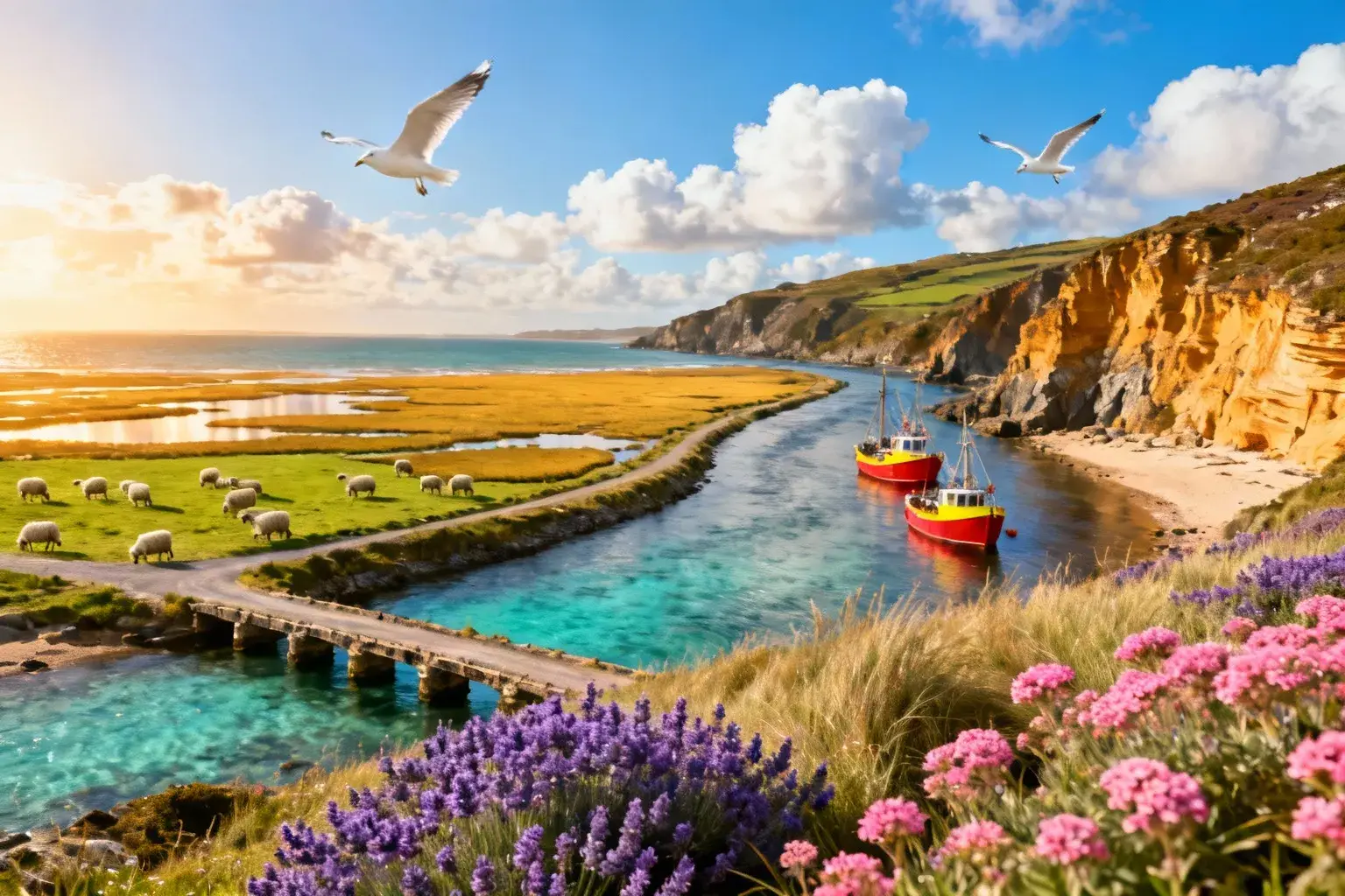 Estuaire du Havre de la Vanlée avec eaux turquoise, marais salants dorés et moutons paissant sur les polders verts