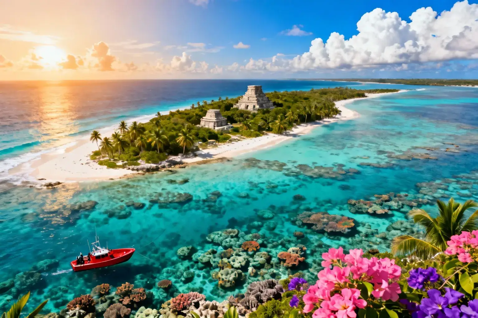 Cozumel entourée par la mer des Caraïbes turquoise avec récifs coralliens visibles, plages de sable blanc et jungle tropicale