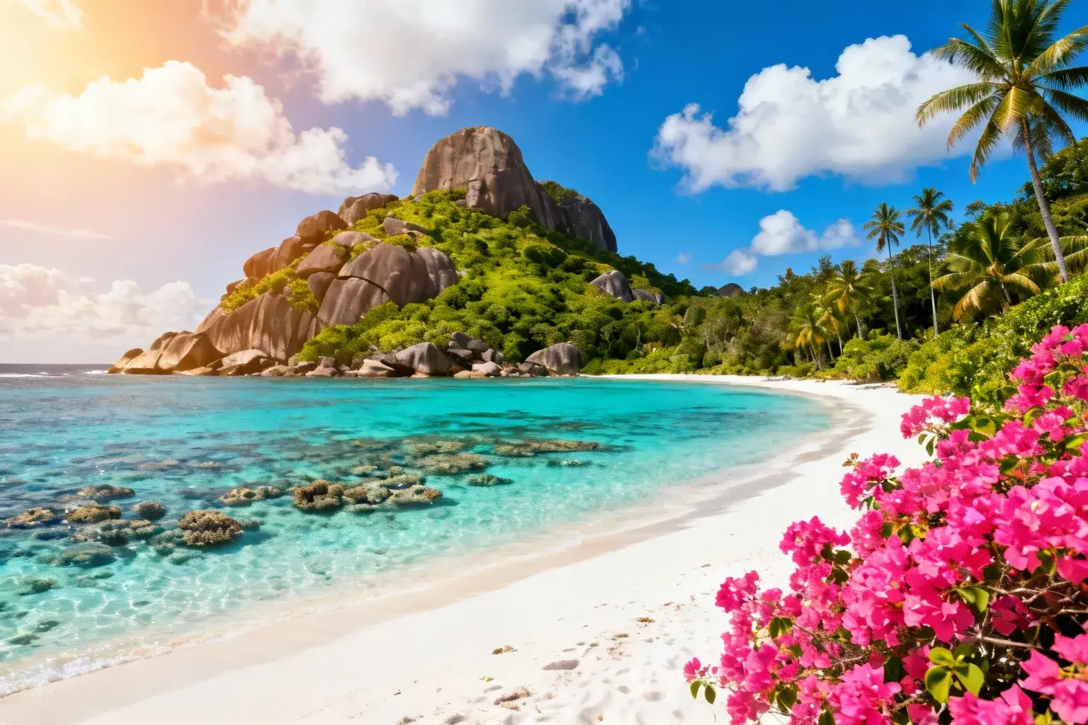 Île tropicale des Seychelles avec plage de sable blanc, lagons turquoise et végétation luxuriante entourée d'eau cristalline