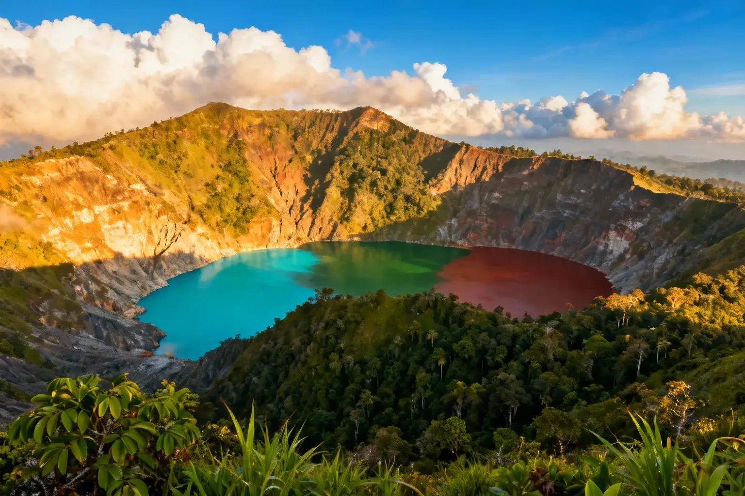 Trois lacs aux couleurs vives dans le cratère du volcan Kelimutu, entourés de forêt tropicale sous un ciel bleu