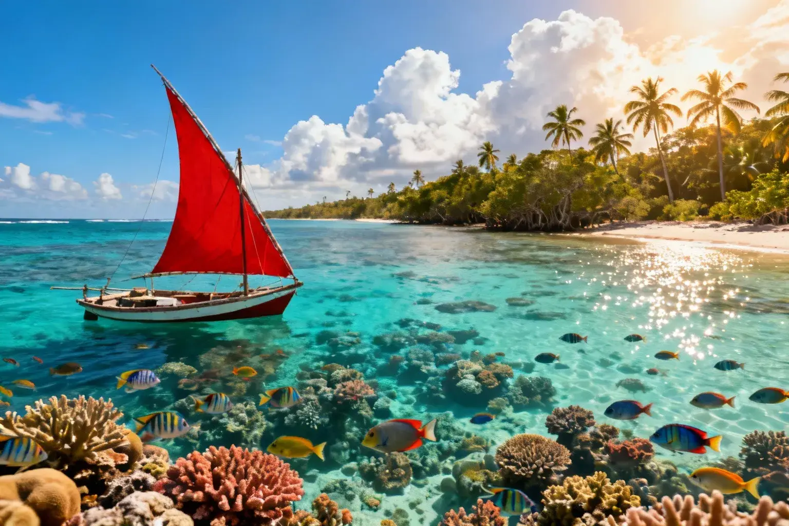 Pristine turquoise waters of Mafia Island Tanzania with coral reefs, red-sailed dhow boat and mangrove coastline