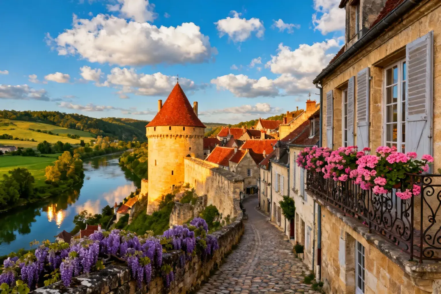 Village médiéval de Semur-en-Auxois avec ses remparts en pierre dorée et toits rouges sous un ciel bleu