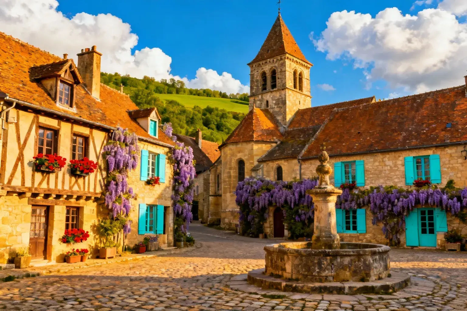 Vue aérienne de Montfort-l'Amaury avec ses maisons en pierre dorée, église et rues pavées sous le soleil couchant