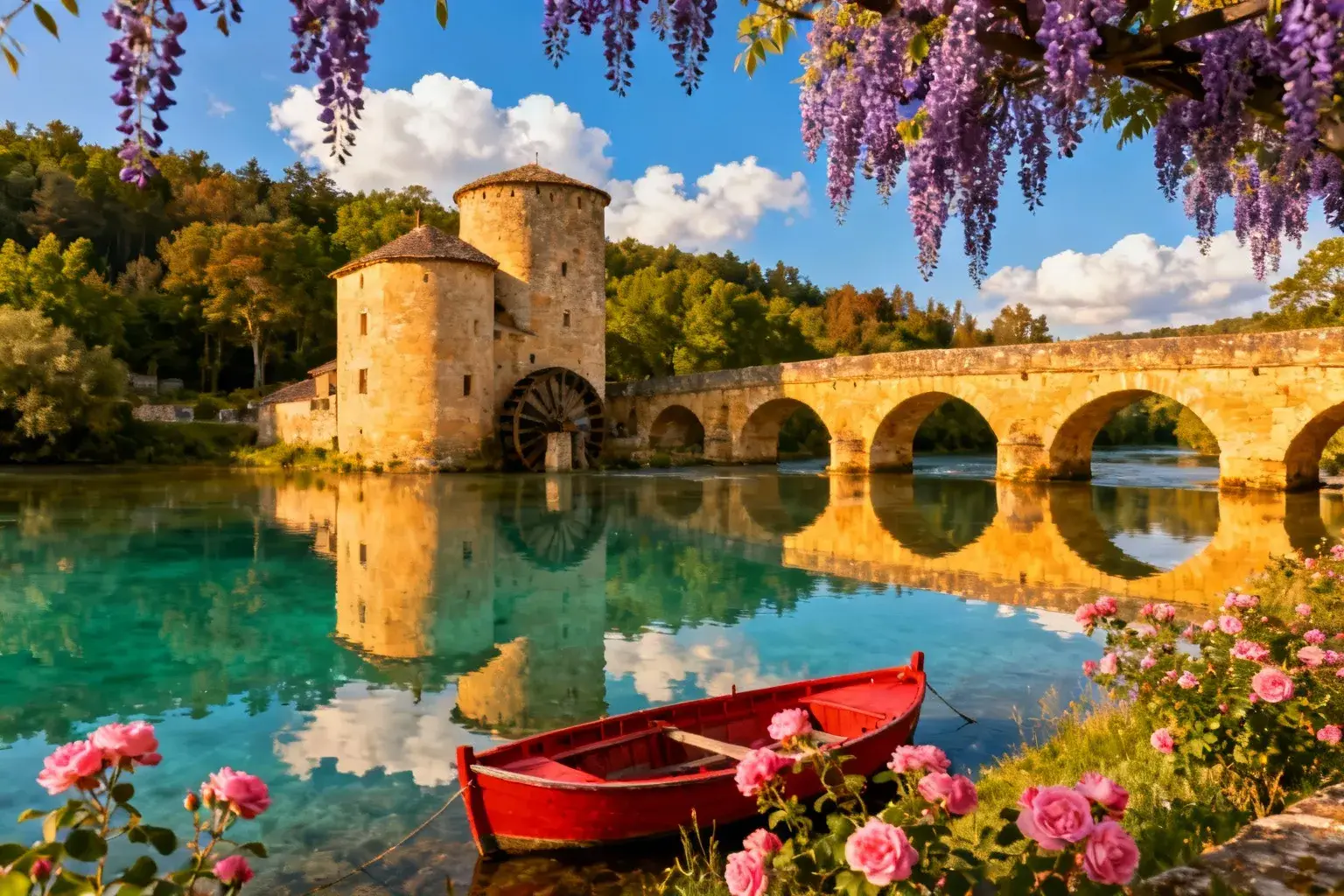 Moulin médiéval fortifié avec tours cylindriques sur la rivière Gelise, pont romanesque et nature environnante